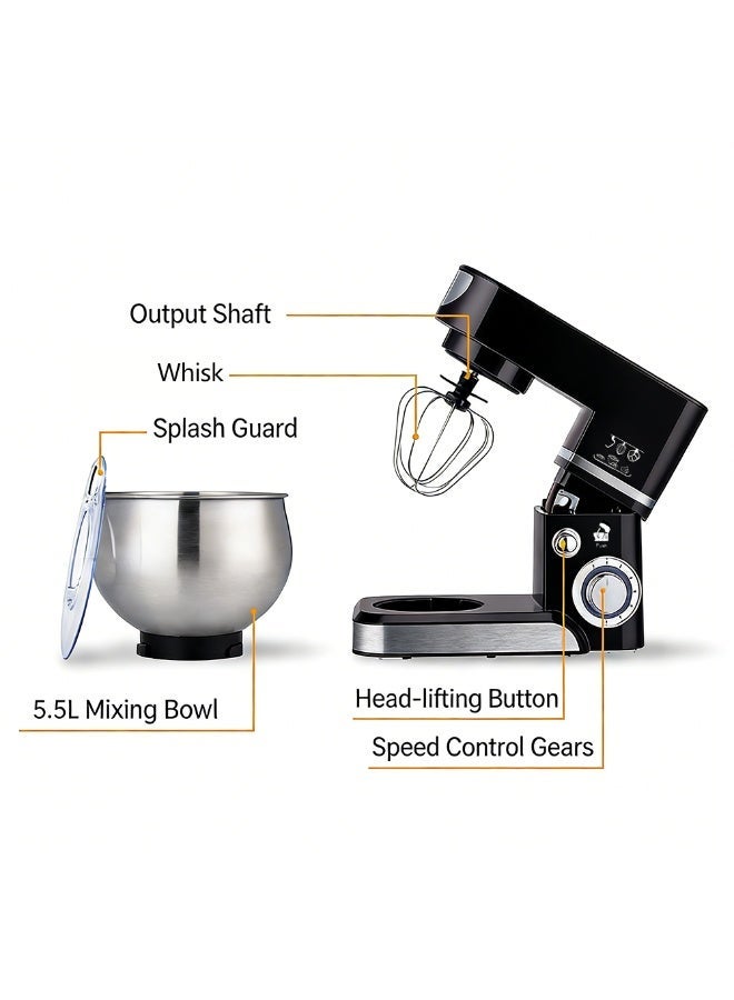 FDTY خلاط كهربائي عمودي سعة 5.5 لتر، آلة طهي ثلاثية الوظائف مزودة بخطاف عجن، خفاقة بيض، وقضيب خلط، آلة طهي كعك للخبز للاستخدام المنزلي اليومي (أسود) - Image 5